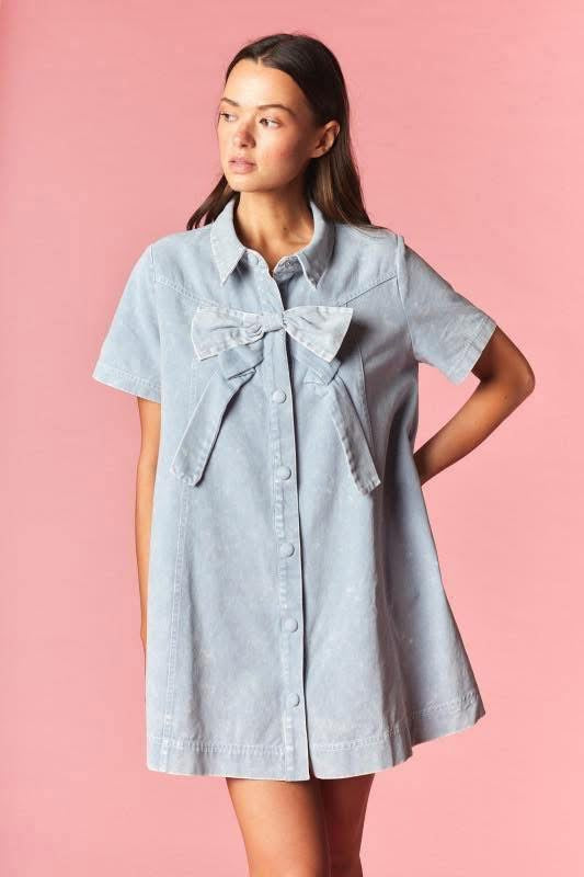 loft denim bow dress Bow Mini Dress Medium Wash Denim